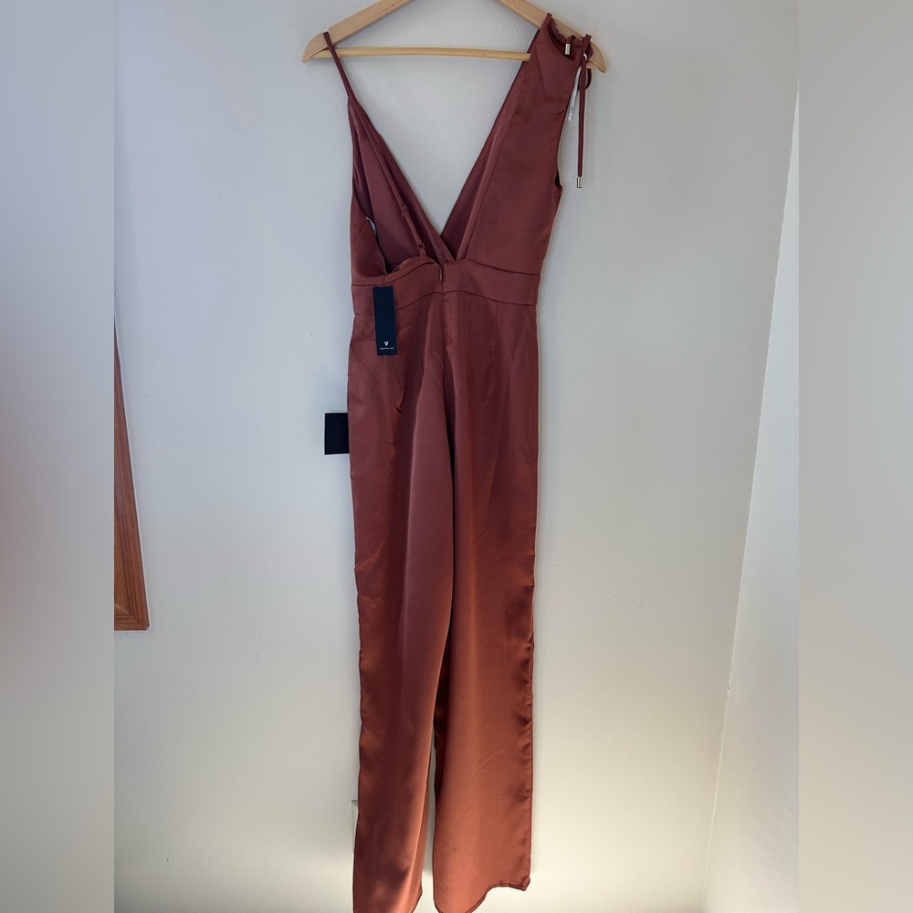 Lulu’s Look of Luxe Rusty Rose Satin Asymmetrical Wide-Leg Jumpsuit - Si… - Picture 9 of 10